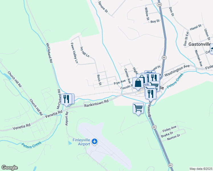 map of restaurants, bars, coffee shops, grocery stores, and more near 3476 Frye Avenue in Finleyville