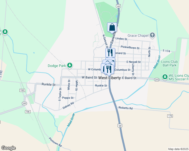 map of restaurants, bars, coffee shops, grocery stores, and more near 220 West Baird Street in West Liberty
