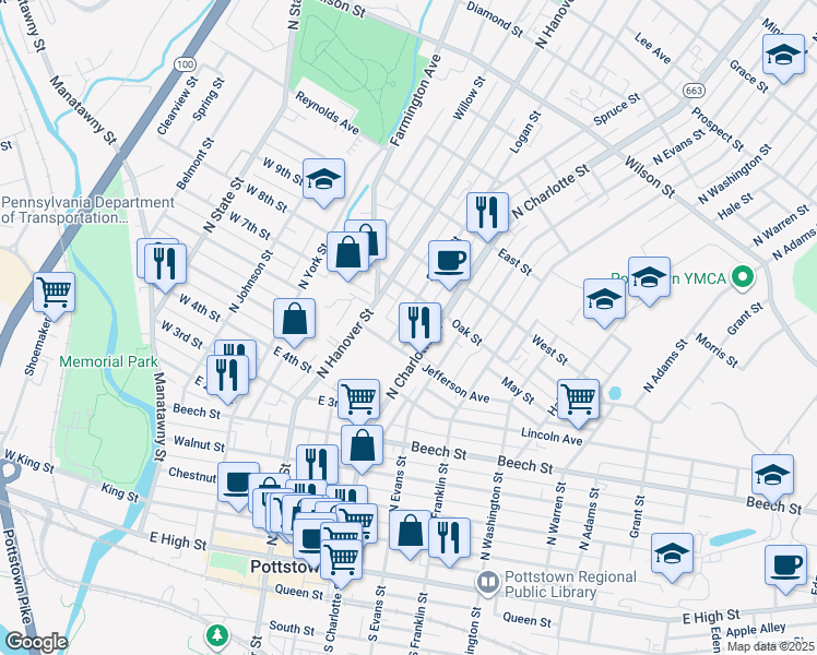 map of restaurants, bars, coffee shops, grocery stores, and more near 376 Spruce Street in Pottstown
