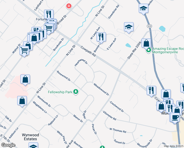 map of restaurants, bars, coffee shops, grocery stores, and more near 105 Heartwood Drive in Lansdale