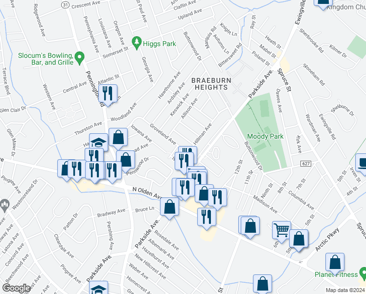 map of restaurants, bars, coffee shops, grocery stores, and more near 106 Groveland Avenue in Ewing Township