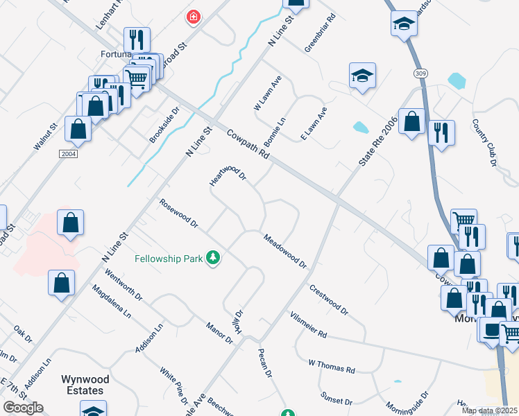 map of restaurants, bars, coffee shops, grocery stores, and more near 105 Heartwood Drive in Lansdale