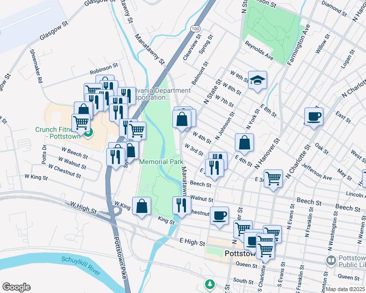 map of restaurants, bars, coffee shops, grocery stores, and more near 60 West 3rd Street in Pottstown