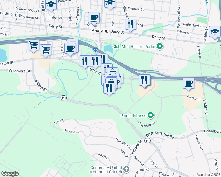 map of restaurants, bars, coffee shops, grocery stores, and more near 3601 Paxton Street in Harrisburg