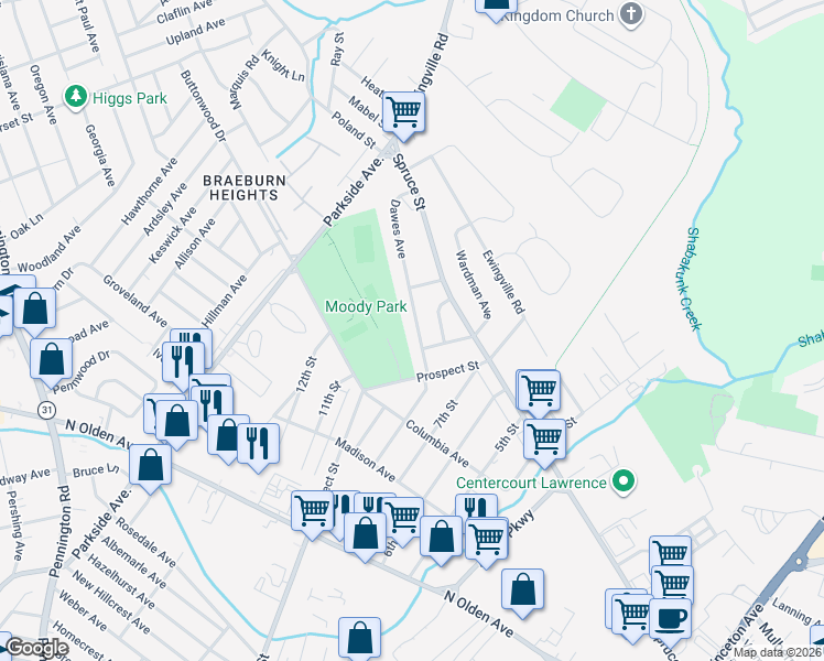 map of restaurants, bars, coffee shops, grocery stores, and more near 15 Dawes Avenue in Ewing Township