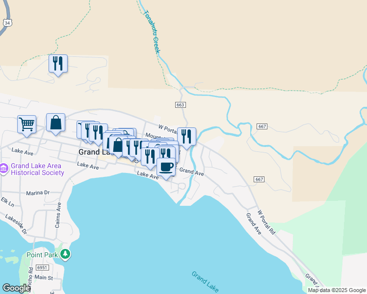 map of restaurants, bars, coffee shops, grocery stores, and more near 205 Hancock Street in Grand Lake