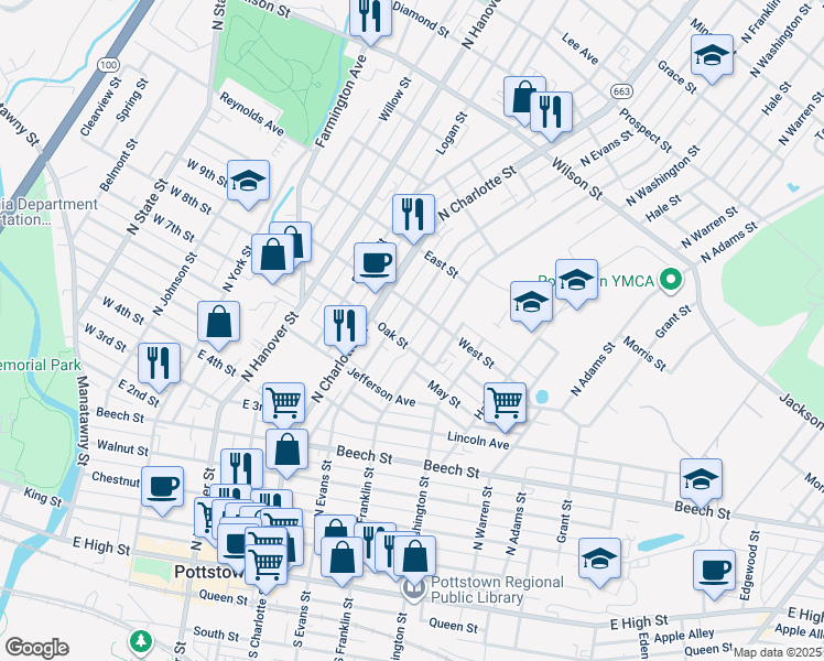 map of restaurants, bars, coffee shops, grocery stores, and more near 464 1/2 North Evans Street in Pottstown