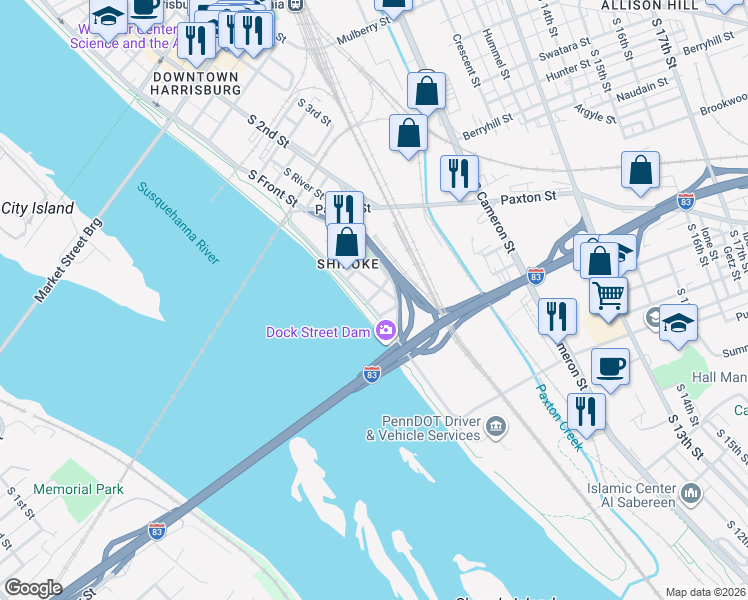 map of restaurants, bars, coffee shops, grocery stores, and more near 718 Showers Street in Harrisburg