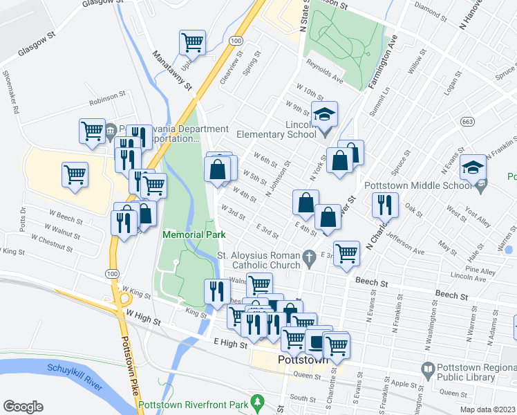 map of restaurants, bars, coffee shops, grocery stores, and more near 4 West 4th Street in Pottstown