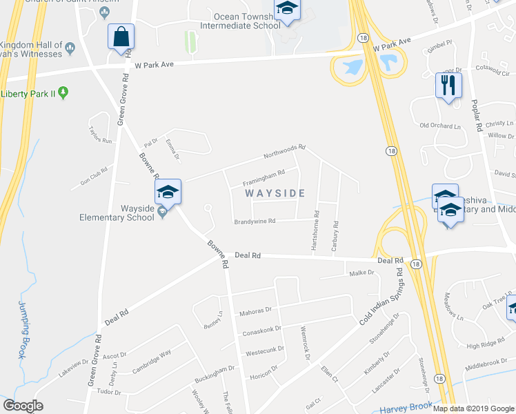 map of restaurants, bars, coffee shops, grocery stores, and more near 24 Coventry Drive in Monmouth County