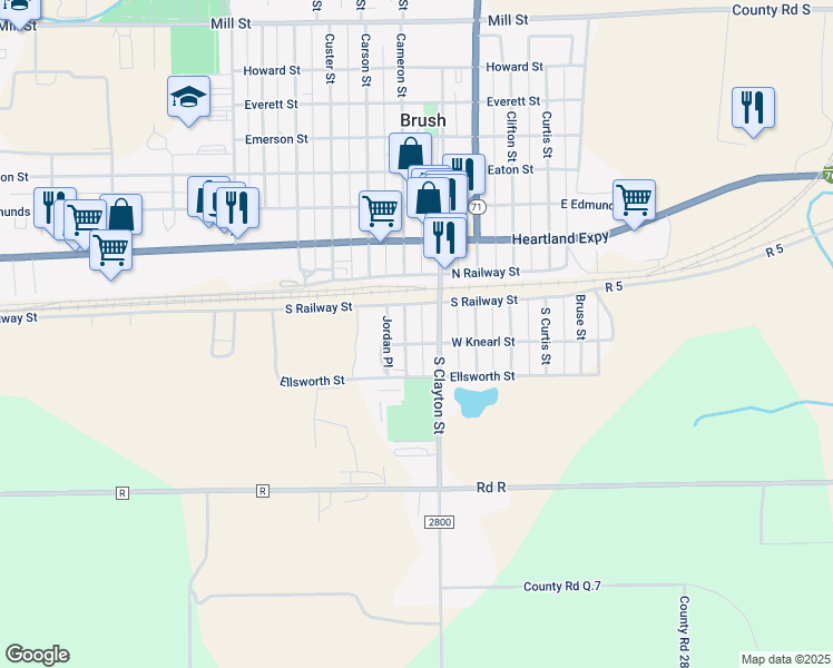 map of restaurants, bars, coffee shops, grocery stores, and more near 121 South Cameron Street in Brush