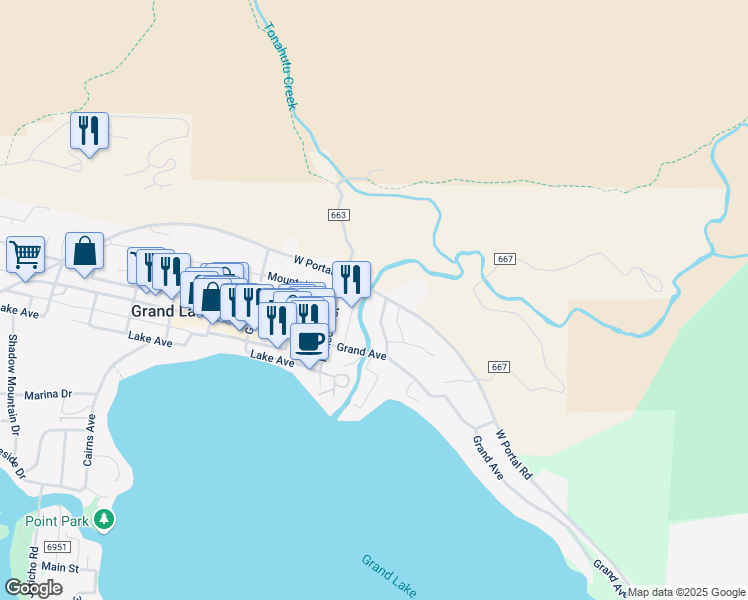 map of restaurants, bars, coffee shops, grocery stores, and more near 217 North Inlet Road in Grand Lake