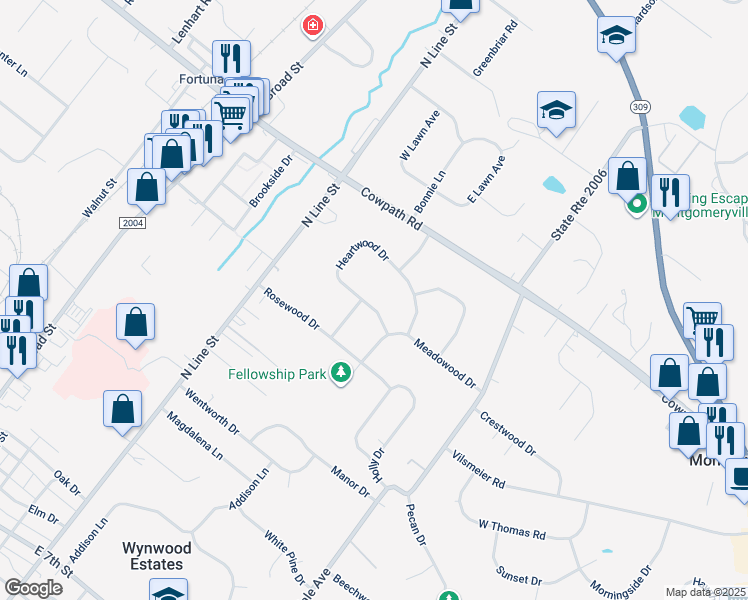 map of restaurants, bars, coffee shops, grocery stores, and more near 133 Heartwood Drive in Lansdale