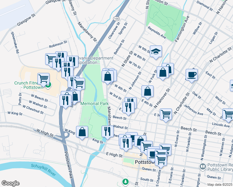 map of restaurants, bars, coffee shops, grocery stores, and more near 33 West 3rd Street in Pottstown