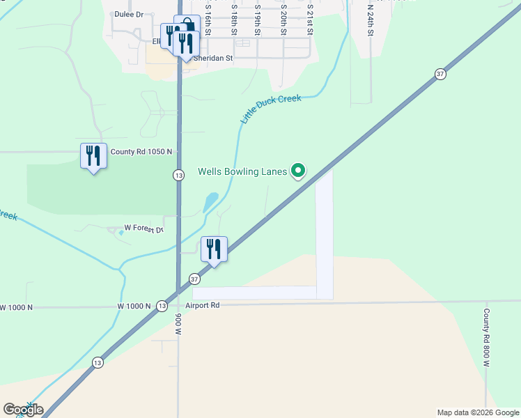 map of restaurants, bars, coffee shops, grocery stores, and more near 10261 Indiana 37 in Elwood