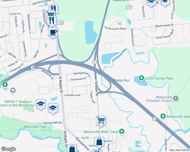 map of restaurants, bars, coffee shops, grocery stores, and more near 260 Springwood Lane in Marysville