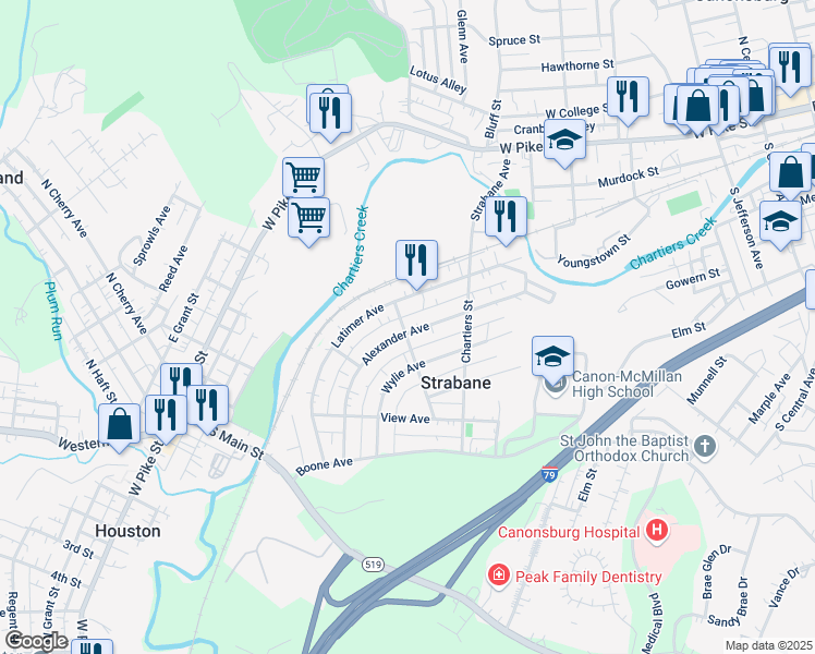 map of restaurants, bars, coffee shops, grocery stores, and more near 179 Alexander Avenue in Strabane