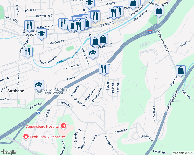 map of restaurants, bars, coffee shops, grocery stores, and more near 27 Munnell Street in Canonsburg