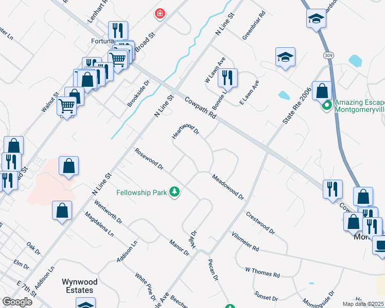 map of restaurants, bars, coffee shops, grocery stores, and more near 133 Heartwood Drive in Lansdale