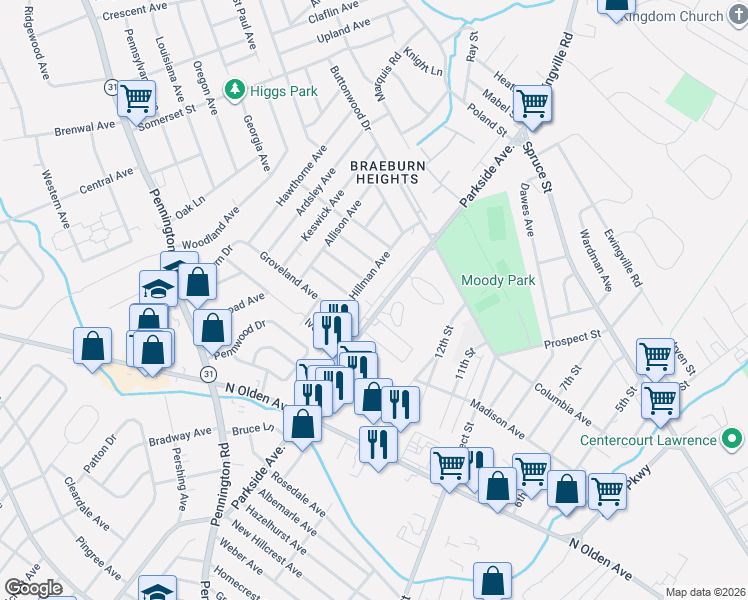 map of restaurants, bars, coffee shops, grocery stores, and more near 1451 Parkside Avenue in Ewing Township