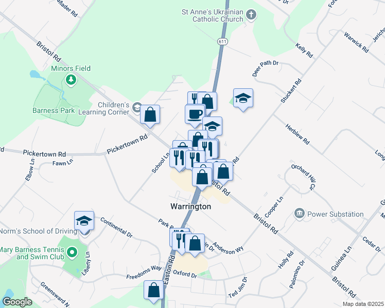 map of restaurants, bars, coffee shops, grocery stores, and more near 1412 Easton Road in Warrington