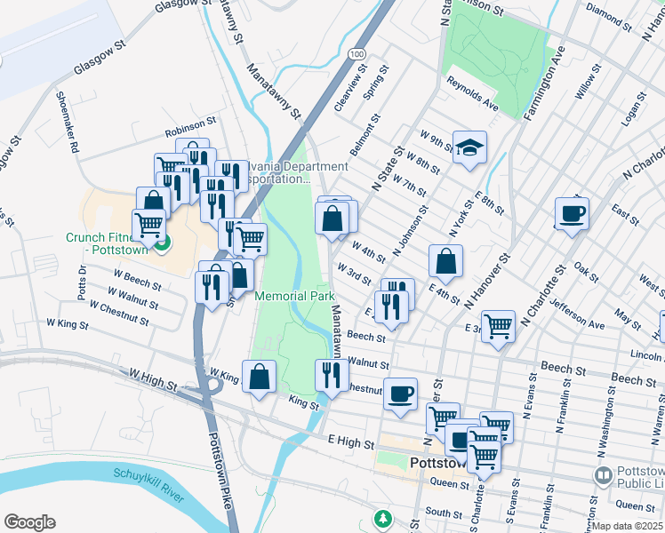 map of restaurants, bars, coffee shops, grocery stores, and more near 62 West 3rd Street in Pottstown