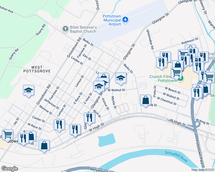 map of restaurants, bars, coffee shops, grocery stores, and more near 632 Glasgow Street in Pottstown