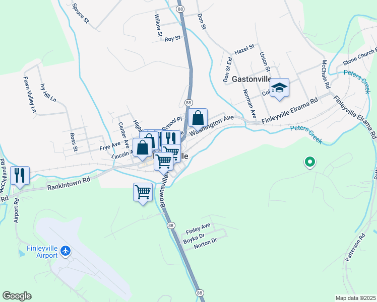 map of restaurants, bars, coffee shops, grocery stores, and more near 3816 Baltimore Street in Finleyville