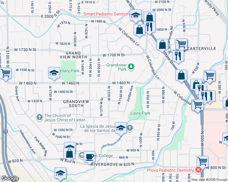 map of restaurants, bars, coffee shops, grocery stores, and more near 1188 W 1380 N in Provo