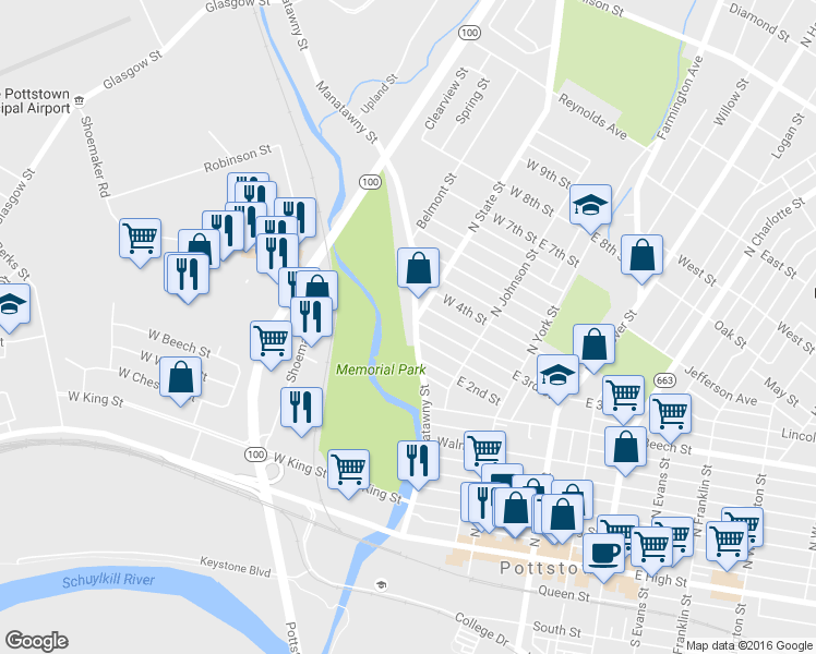 map of restaurants, bars, coffee shops, grocery stores, and more near 279 Manatawny Street in Pottstown