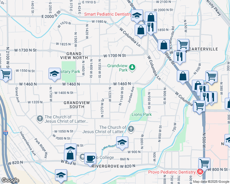 map of restaurants, bars, coffee shops, grocery stores, and more near 1188 W 1380 N in Provo