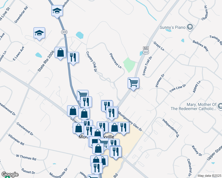 map of restaurants, bars, coffee shops, grocery stores, and more near 520 Country Club Drive in Lansdale
