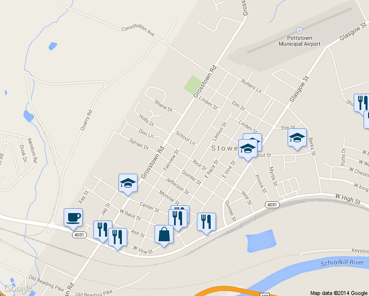 map of restaurants, bars, coffee shops, grocery stores, and more near 414 Fairview Street in Pottstown