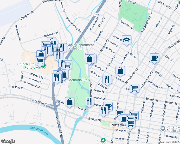 map of restaurants, bars, coffee shops, grocery stores, and more near 60 West 3rd Street in Pottstown