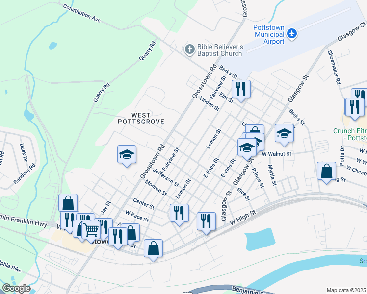 map of restaurants, bars, coffee shops, grocery stores, and more near 414 Fairview Street in Pottstown