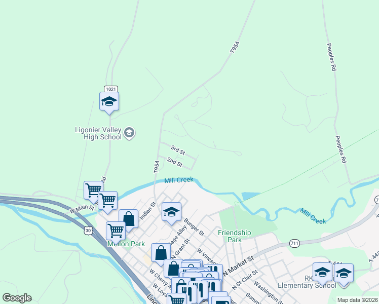 map of restaurants, bars, coffee shops, grocery stores, and more near 15 3rd St in Ligonier