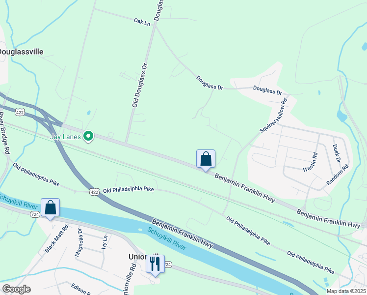 map of restaurants, bars, coffee shops, grocery stores, and more near 1525 Benjamin Franklin Highway in Douglassville