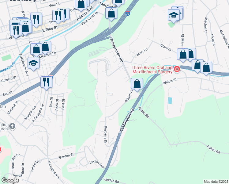 map of restaurants, bars, coffee shops, grocery stores, and more near 1170 Bayberry Drive in Canonsburg