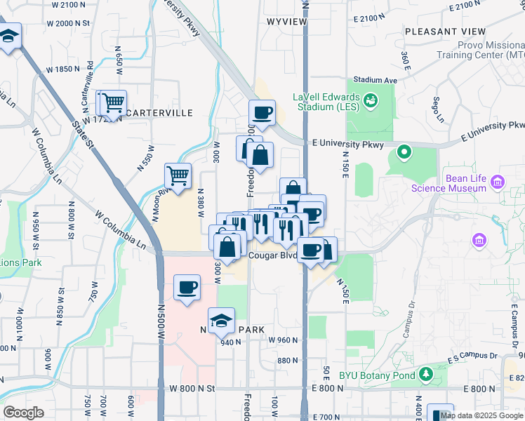 map of restaurants, bars, coffee shops, grocery stores, and more near 1378 Freedom Boulevard 200 West in Provo