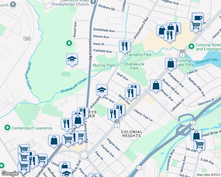 map of restaurants, bars, coffee shops, grocery stores, and more near 146 Slack Avenue in Lawrence Township