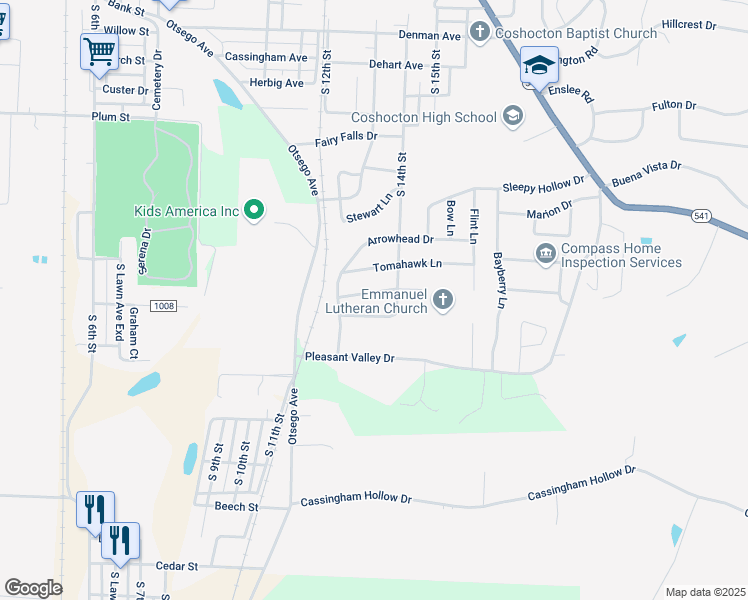 map of restaurants, bars, coffee shops, grocery stores, and more near 1337 Canoe Lane in Coshocton