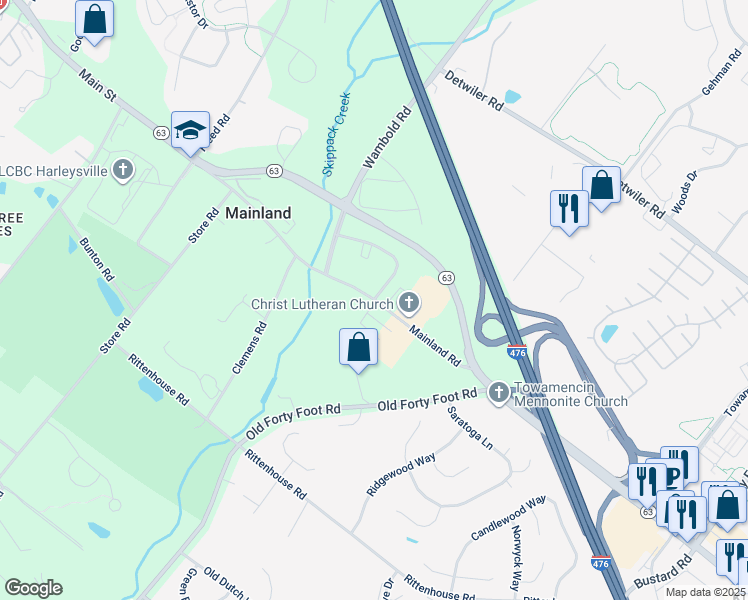 map of restaurants, bars, coffee shops, grocery stores, and more near Mainland Road in Harleysville