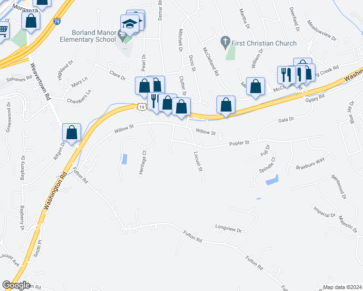 map of restaurants, bars, coffee shops, grocery stores, and more near 12 Poplar Street in Canonsburg