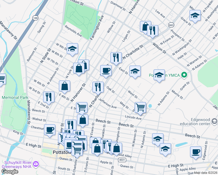 map of restaurants, bars, coffee shops, grocery stores, and more near 319 Oak Street in Pottstown