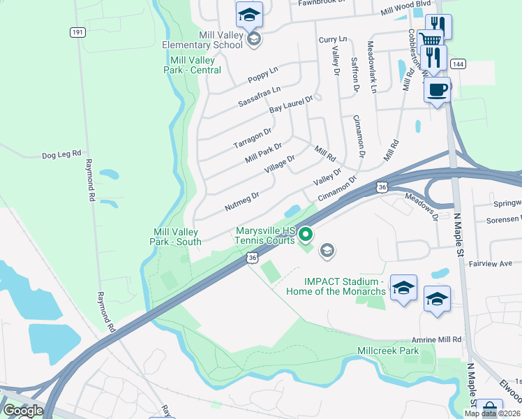map of restaurants, bars, coffee shops, grocery stores, and more near 1204 Valley Drive in Marysville