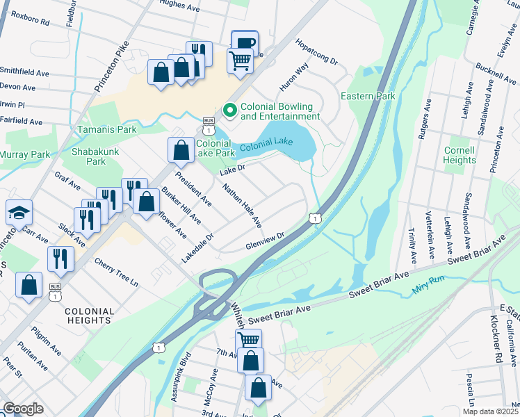 map of restaurants, bars, coffee shops, grocery stores, and more near 124 Lakedale Drive in Lawrence Township