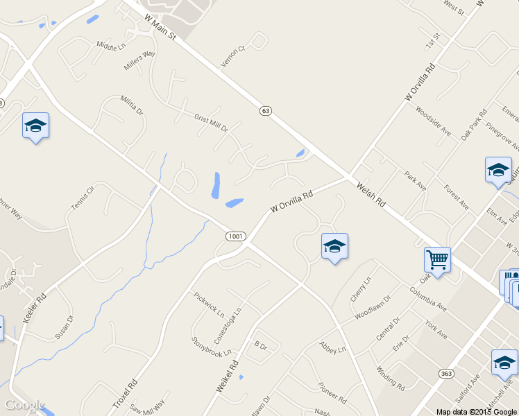 map of restaurants, bars, coffee shops, grocery stores, and more near 350 West Orvilla Road in Lansdale