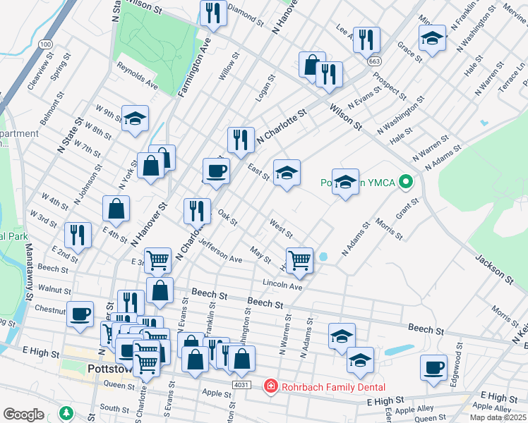 map of restaurants, bars, coffee shops, grocery stores, and more near 500 North Franklin Street in Pottstown