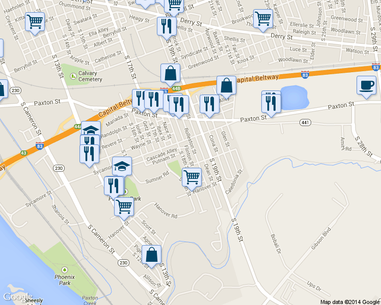map of restaurants, bars, coffee shops, grocery stores, and more near 1128 Rolleston Street in Harrisburg