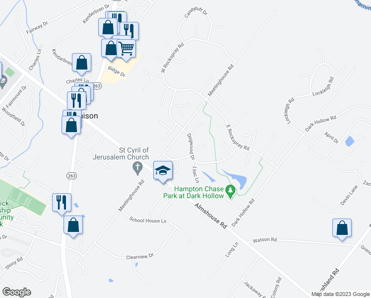 map of restaurants, bars, coffee shops, grocery stores, and more near 2311 Iris Court in Jamison